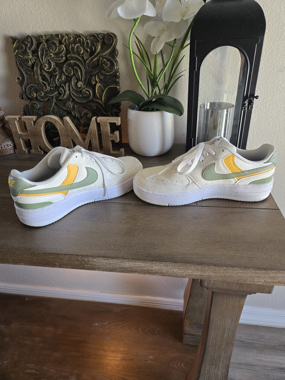 Nike Air Force 1 Cream/White Low-Top Sneakers with Green & Yellow Accents - Picture 3 of 8
